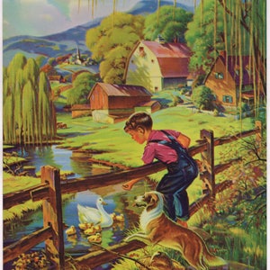 Original vintage calendar print 1940s Fishing boy dog barn feeding ducks country life 8x10&quot;