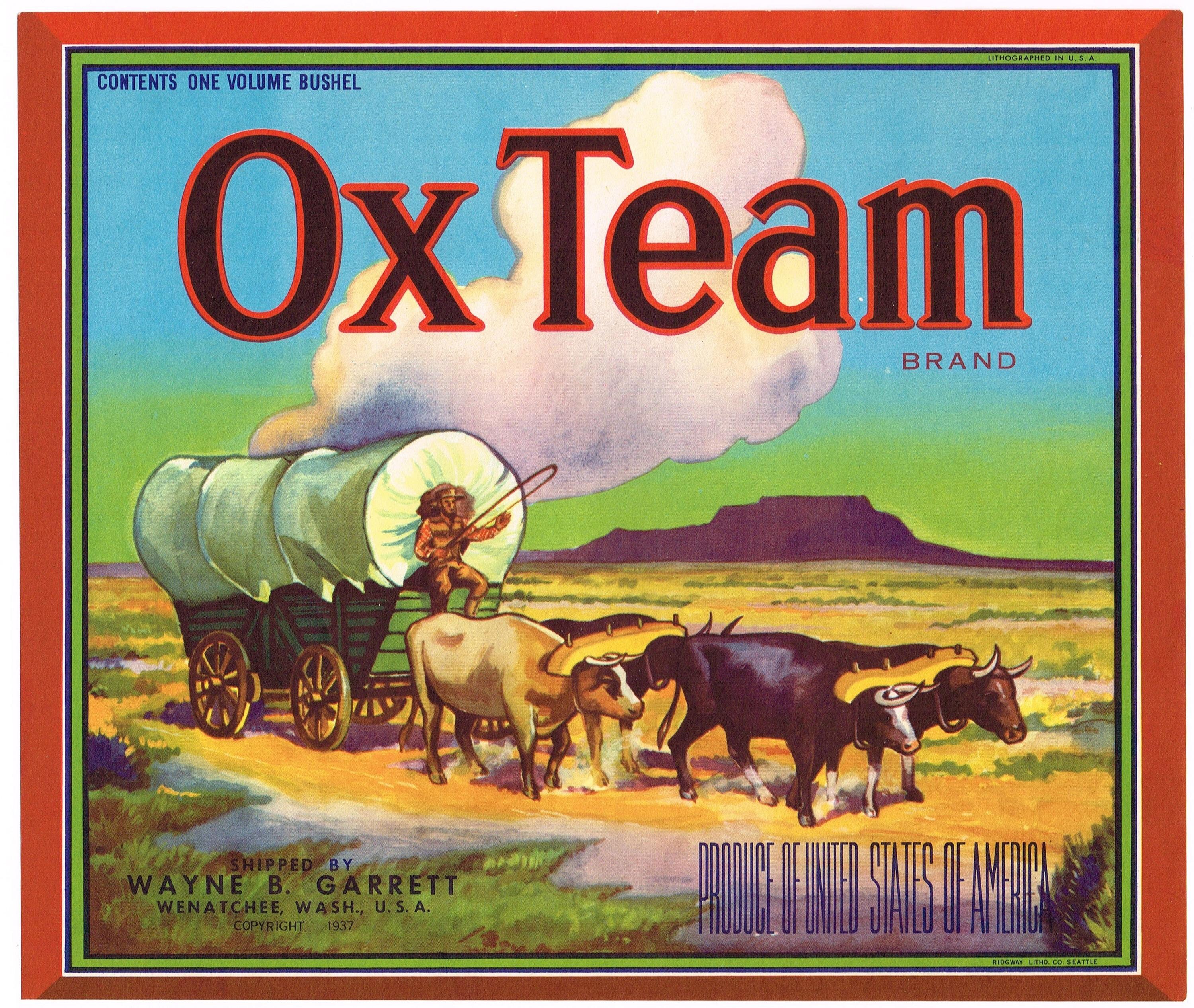 Original Vintage Apple Crate Label 1930s Ox Team Pioneer