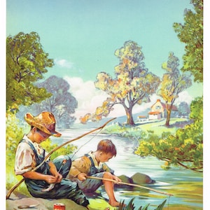 Original vintage calendar print 1940s Fishing boys Rod Reel Tin Lithograph fish tin can