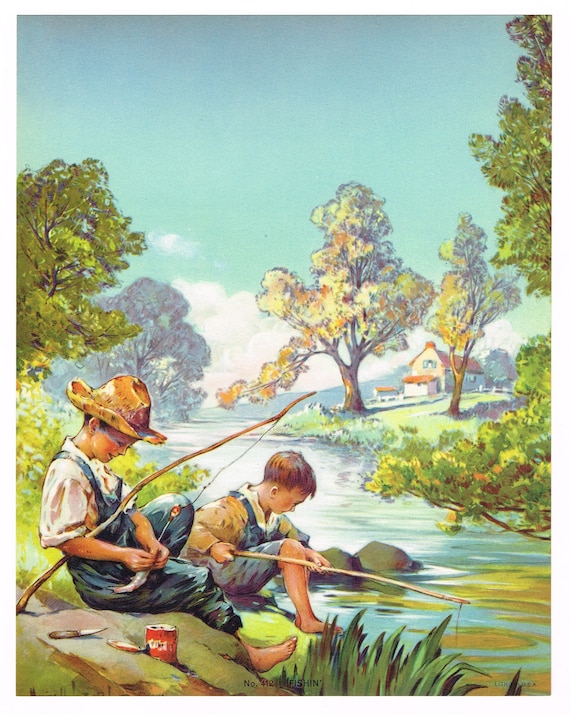 Original Vintage Calendar Print 1940s Fishing Boys Rod Reel Tin