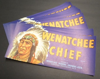 Wholesale 25 original Vintage 1940s Wenatchee Washington Chief Apple Labels NOS Half Box Size 10.25x4.75"