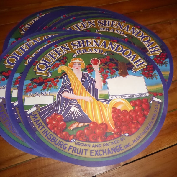 x10 Wholesale Original vintage Apple Keg Barrel Label c1930s Round Queen Shenandoah Martinsburg West Virginia Stunning Printing 16x16"