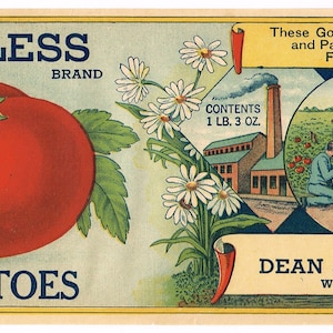Original Antique vintage Tin Can label c1910 Rare Peerless Wingate Maryland Tomatoes Factory Dock Farm House