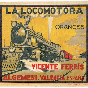 May include: A vintage advertisement for oranges featuring a black and green steam locomotive with the text "LA LOCOMOTORA" and "ORANGES" in yellow and red. The text "EXTRA EXTRA" is on the left side of the image and "SELECTED" is on the right side of the image. The text "VICENTE FERRIS" is in red and the text "ALGEMESI. VALENCIA. ESPAÑA" is in red and black.