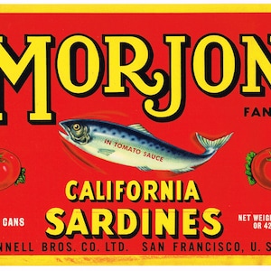 Original vintage can case crate label 1940s Sardines San Francisco Morjon Connell Brothers