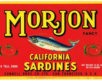 May include: A vintage label for Morjon Fancy California Sardines in tomato sauce. The label features a red background with a yellow border, a stylized fish illustration, and two red tomatoes. The text on the label reads "Morjon Fancy", "In Tomato Sauce", "California Sardines", "48 Tall Cans", "Net Weight 15 oz. Avr. or 425 Grams", and "Connell Bros. Co. Ltd. San Francisco, U.S.A."