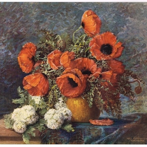 Original genuine vintage print c1940s Poppies Floral Still Life Max Streckenbach 9x12&quot; NOS Deadstock