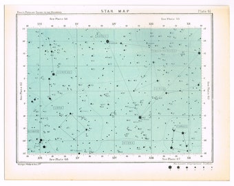 May include: A vintage star map with a light blue background and black constellations. The map shows the constellations of Libra, Virgo, Corvus, Hydra, Serpens, Coma Berenices, and Boötes. The map is divided into a grid with Roman numerals and numbers.