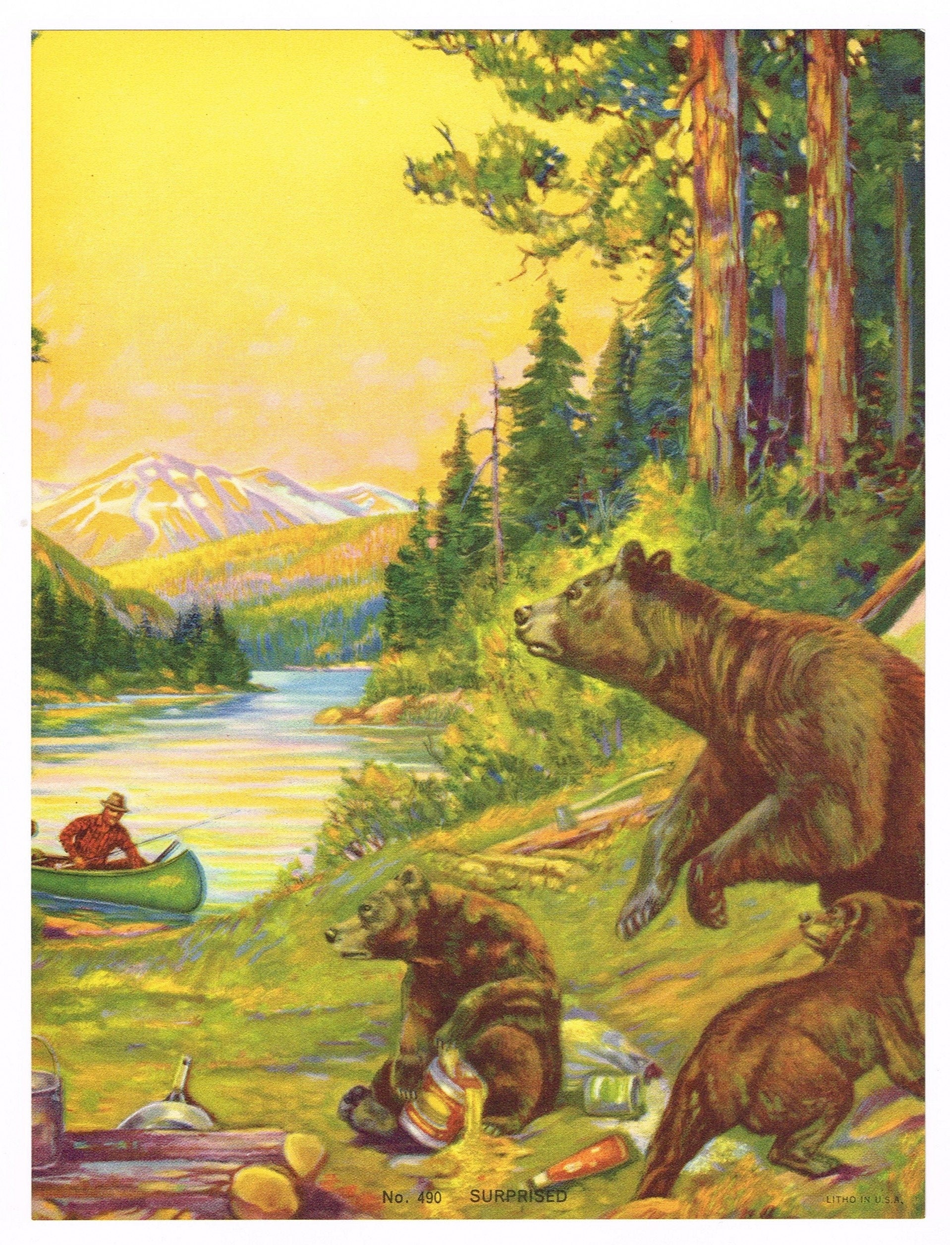 Original Vintage Calendar Print 1940s Fishing Fish Camp Bear Bears