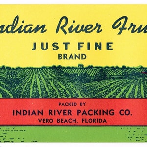 Original vintage Florida citrus crate strip label c1930s Scarce Indian River Fruit Just Fine Brand Vero Beach