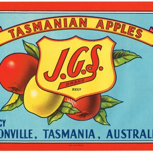 Original vintage apple crate label 1950s JGS Huonville Australia Tasmania Scarce Rectangular