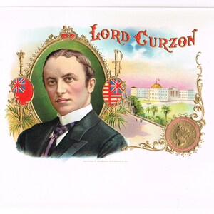 Original vintage cigar box label c1920s Lord Curzon Inner Embossed Bronzed Stone Lithography England UK