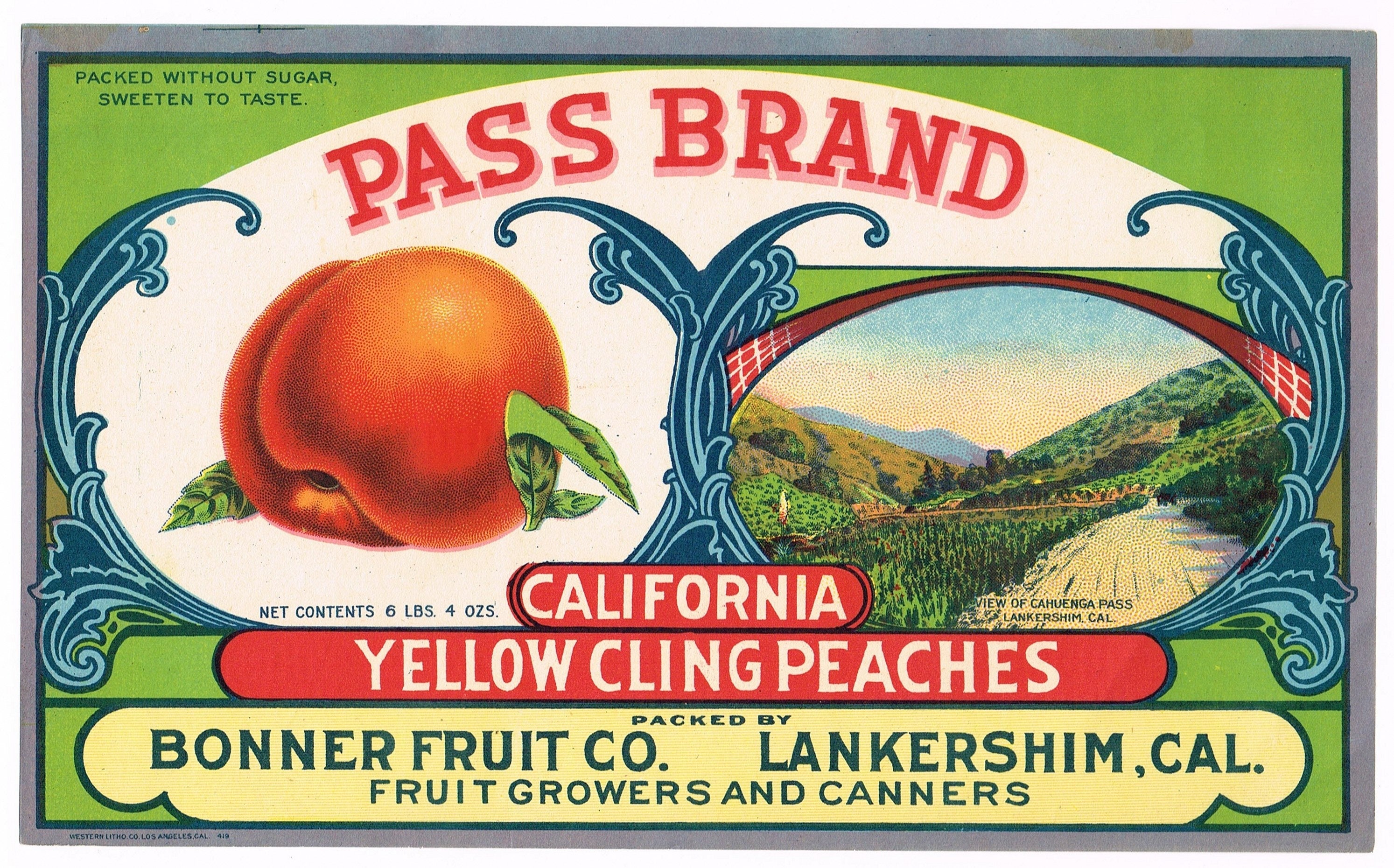 Original vintage peach Crate Label 1919 Pass Brand San Fernando Valley North Hollywood Lankershim Cahuenga