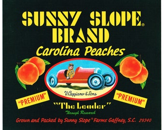 Original vintage Peach crate label 1960s Sunny Slope Antique Pedal Car Gaffney South Carolina