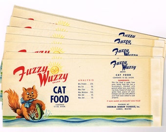 10 wholesale original vintage tin can labels 1950s Fuzzy Wuzzy Cat Lubec Maine Pet Food Kitty Kitten Fish #2