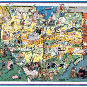 Seltene Vintage Berta & ElmerHader Landkarte Cartoon bildlich 1932 Illinux Indiana Chicago Indianapolis Bloomington Springfield