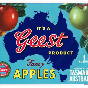 Original Vintage Apfelkiste Label 1950er Jahre Geest Aussie Karte Australien Tasmanien knapp
