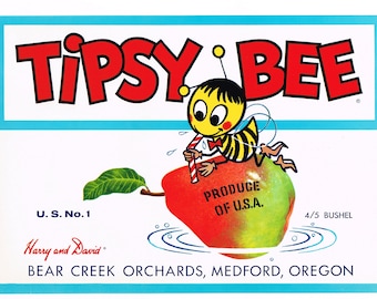 Original vintage pear crate label 1950s Tipsy Bee Medford Oregon Comical Bumble Bee Harry & David