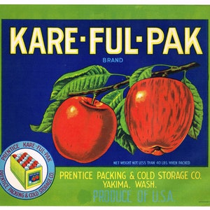 Original vintage apple crate label 1940s Kare-Ful-Pak Yakima Valley Washington State Green