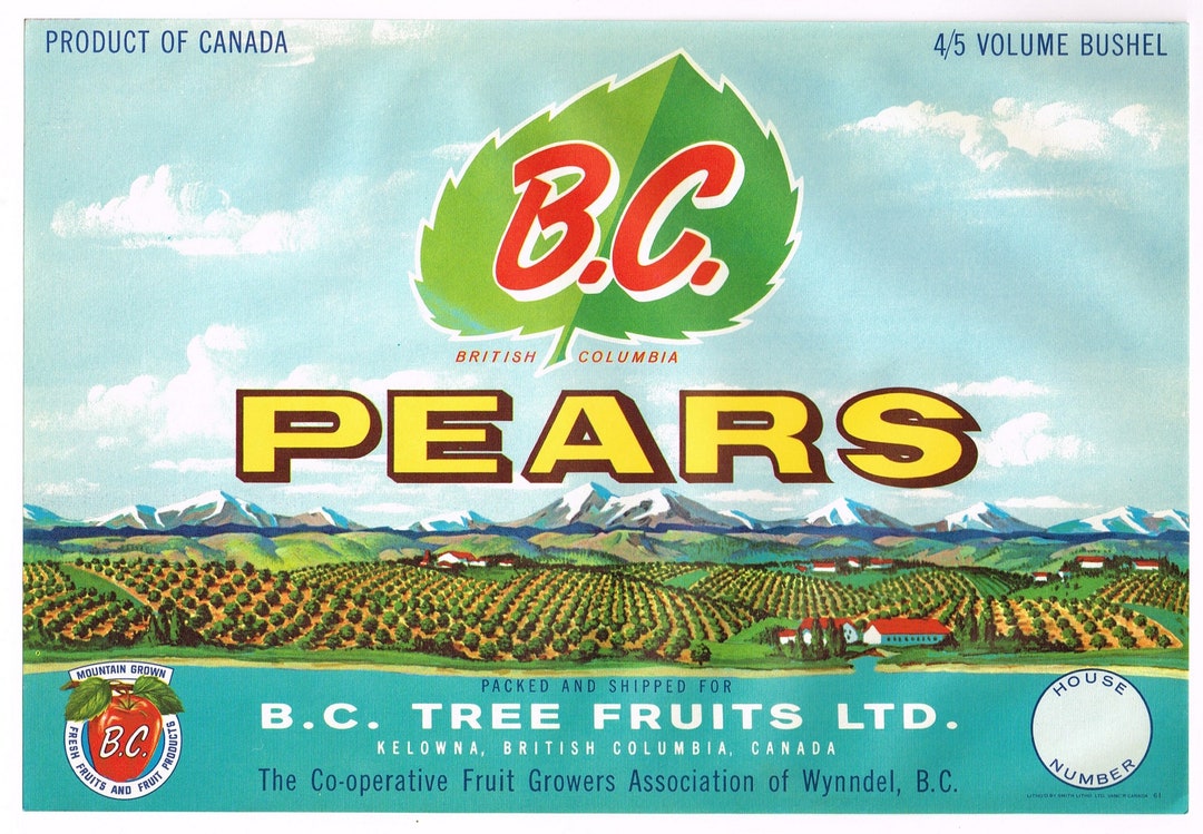 Original Vintage Pear Crate Label 1950s B.C. Brand Kelowna British Columbia Canada Canadian
