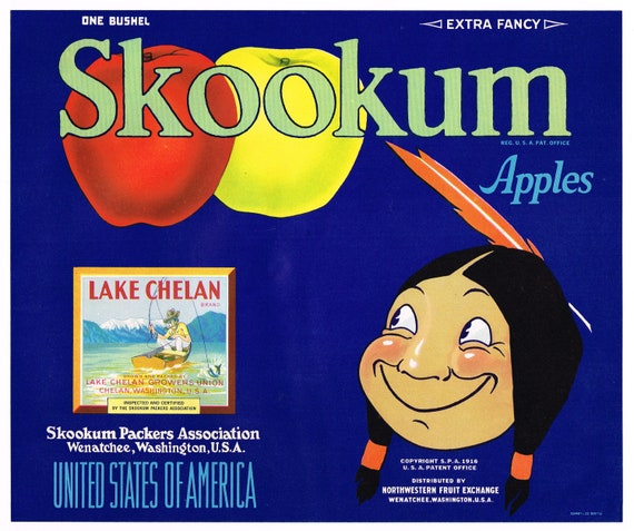 Original vintage apple crate label 1940s Skookum Wenatchee Washington Lake Chelan Native American Indian Green Fishing