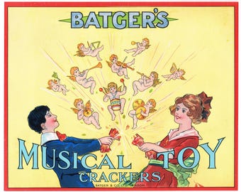 Original Firecracker advertising label Batger's 1930's vintage London England Musical Toy Cherubs Angel Band Instruments very scarce