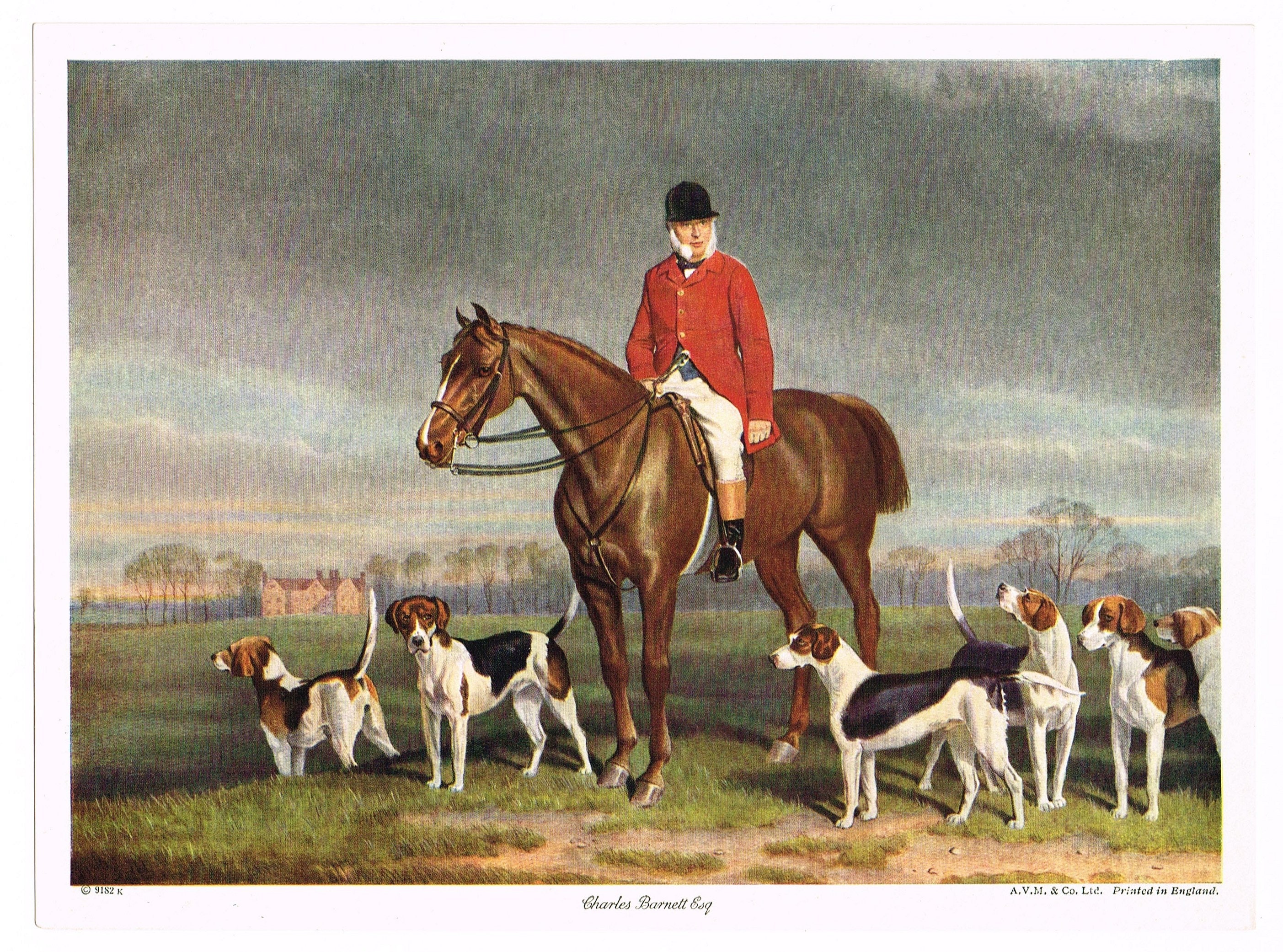 Original Vintage Art Print 1930s Fox Hunting Foxhounds Horse Dog