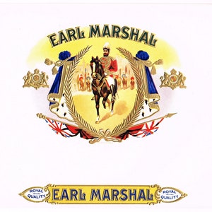 Original vintage cigar box label 1930s Earl Marshal Embossed Calvary Horse Military Parade UK Flag