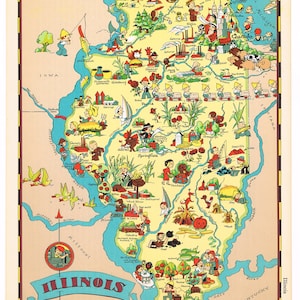 Original knapp Ruth Taylor Landkarte cartoon bildlichen 1935 Illinois Chicago Springfield Peoria