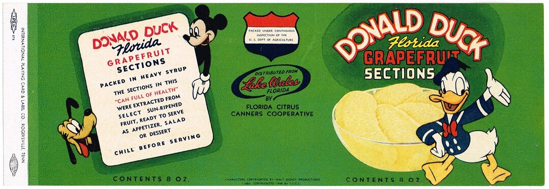 Original Antique Vintage Can Label 1948 Lake Wales Donald Duck Walt ...