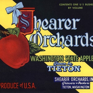 Original vintage apple crate label 1940s Shearer Orchards Yakima Valley Tieton Washington State Yellow & Black