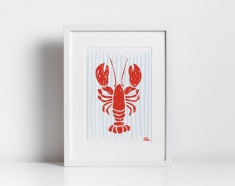 Striped Lobster Print, Retro Coastal Wall Art, Beach House Poster (Digital Download)