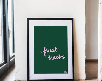 First Tracks Print, Handwritten Cursive Digital Art, Minimalist Winter Decor