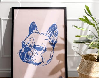 Grumpy Dog Sketched Print, French Bulldog Illustration, Funky Home Decor