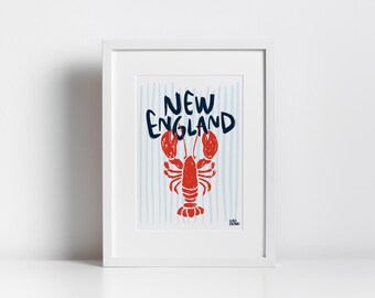 New England Lobster Print, Striped Retro Preppy Wall Art (Digital Download)