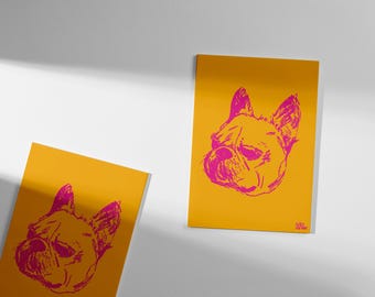 Grumpy Dog Sketched Print, French Bulldog Illustration, Funky Home Decor