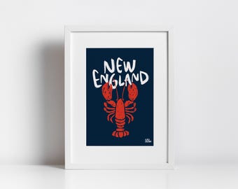 New England Lobster Print, Retro Preppy Wall Art, Beach House Poster (Digital Download)