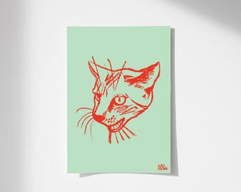 Mean Cat Sketched Print, Funky Apartment Decor, Cat Lover Digital Artwork