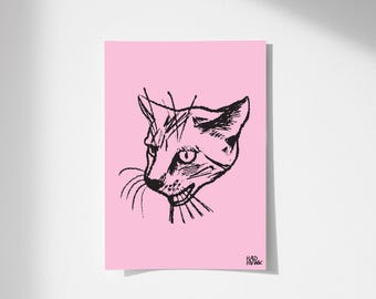 Mean Cat Sketched Print, Funky Apartment Decor, Cat Lover Digital Artwork