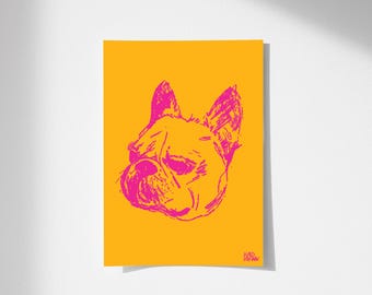 Grumpy Dog Sketched Print, French Bulldog Illustration, Funky Home Decor