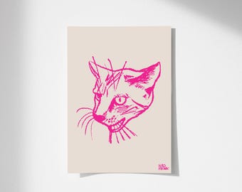Mean Cat Sketched Print, Funky Apartment Decor, Cat Lover Digital Artwork