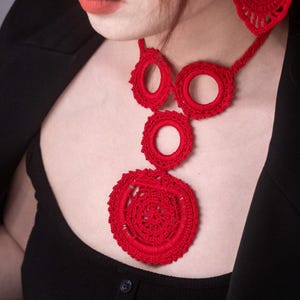Handmade Red Crochet Statement Necklace & Earrings Set