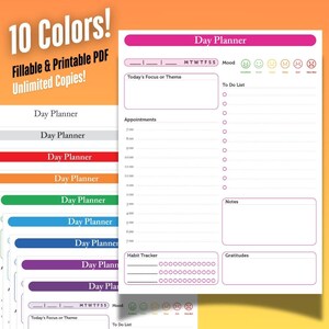 10-Color Daily Planner Printable and Fillable PDF, Digital Planner, ADHD Planner, Checklist, Daily To Do List, Daily Productivity Planner