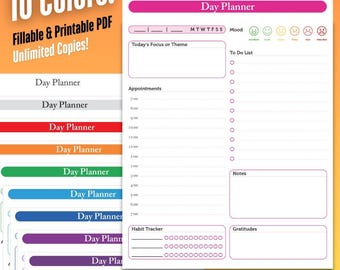 May include: A printable daily planner with 10 different color options. The planner includes sections for appointments, to-do lists, notes, habit tracking, and gratitudes. The planner also includes a mood tracker with emojis.