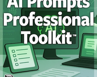 Peut inclure: Mise en place d'un espace de travail numérique avec un écran d'ordinateur, un ordinateur portable et une tablette, tous affichant des interfaces vertes. Le texte "AI Prompts Professional Toolkit" est bien en évidence. Une feuille de papier et le logo Notion Template sont également visibles.