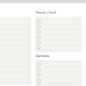 Puede incluir: Una plantilla de lista de la compra imprimible con casillas de verificación para varias categorías, incluidos productos, carne y pescado, bebidas y otros artículos. La lista se titula "EINKAUFLISTE" en alemán.