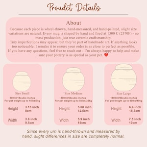 May include: Product details for ceramic urns, including small, medium, and large sizes. The image shows urn dimensions in inches and centimeters, with capacity in milliliters and cubic inches. The text describes the handmade process and materials.
