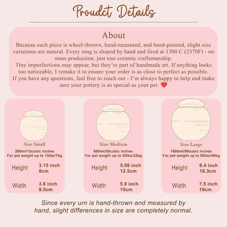 May include: Product details for ceramic urns, including small, medium, and large sizes. The image shows urn dimensions in inches and centimeters, with capacity in milliliters and cubic inches. The text describes the handmade process and materials.