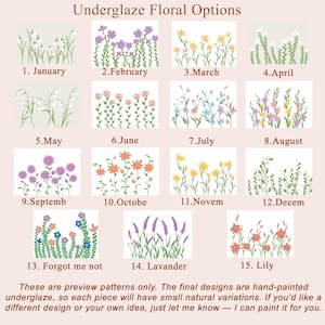 May include: A collection of 15 floral design options for underglaze painting, each labeled with a month or flower type. The designs feature various flowers in different colors, including purple, yellow, and orange, with text at the bottom.