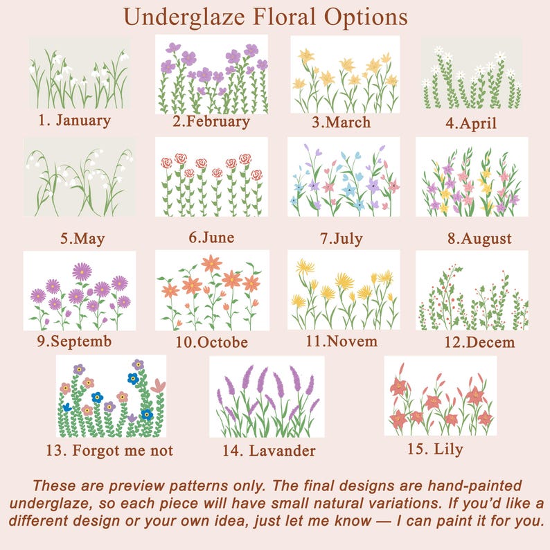 May include: A collection of 15 floral design options for underglaze painting, each labeled with a month or flower type. The designs feature various flowers in different colors, including purple, yellow, and orange, with text at the bottom.